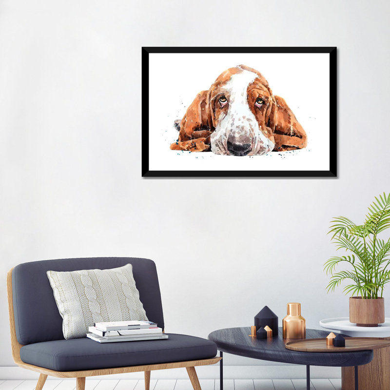 « Basset » par Edwatercolours-impression, H 24 po x l 32 po x P 1 po, Papier encadré noir, Blanc