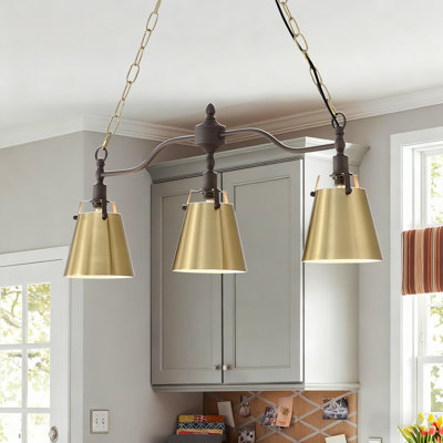 3-Light Farmhouse Linear Chandelier, Gold Kitchen Island Pendant Light with Metal Shades