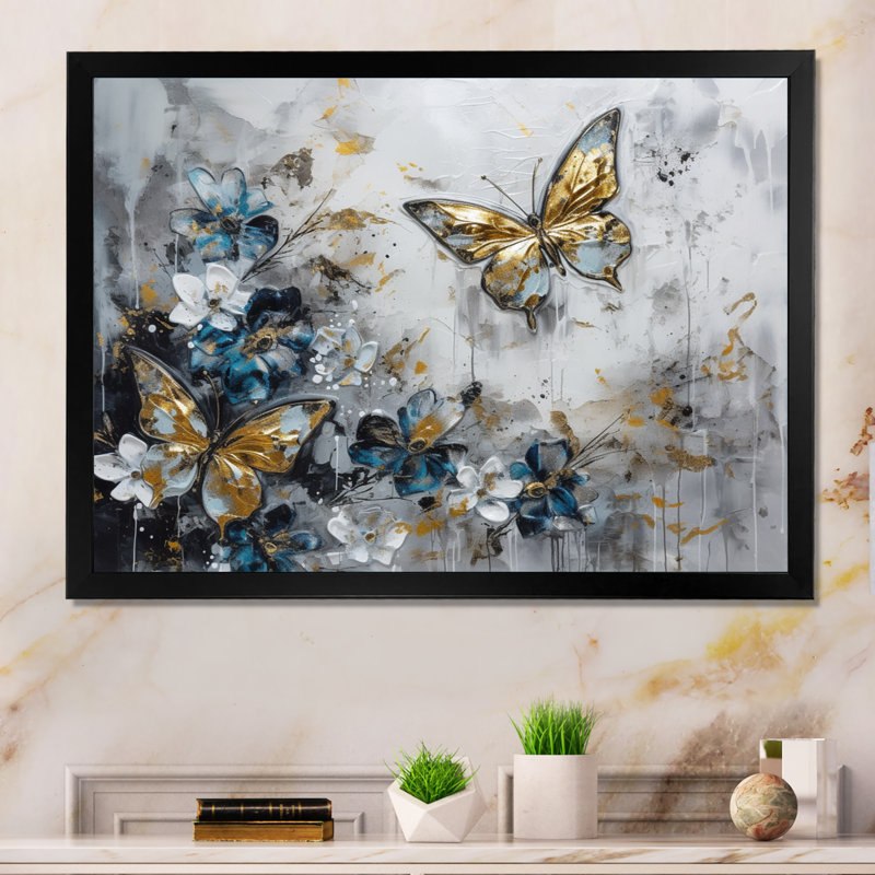 «Ryuko Golden Blue Butterfly Wings And Flowers III», art mural floral, H 24 po x l 32 po x P 1 po, Cadre noir