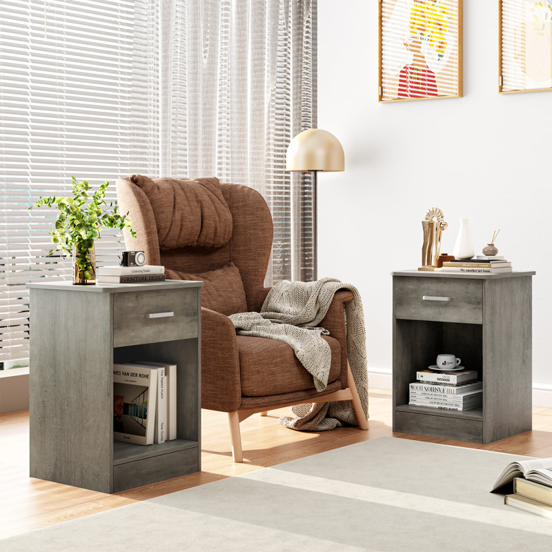 Jarques Nightstand with 1 Drawer and Open Storage, Side Table with Shelf for Bedroom, Gray