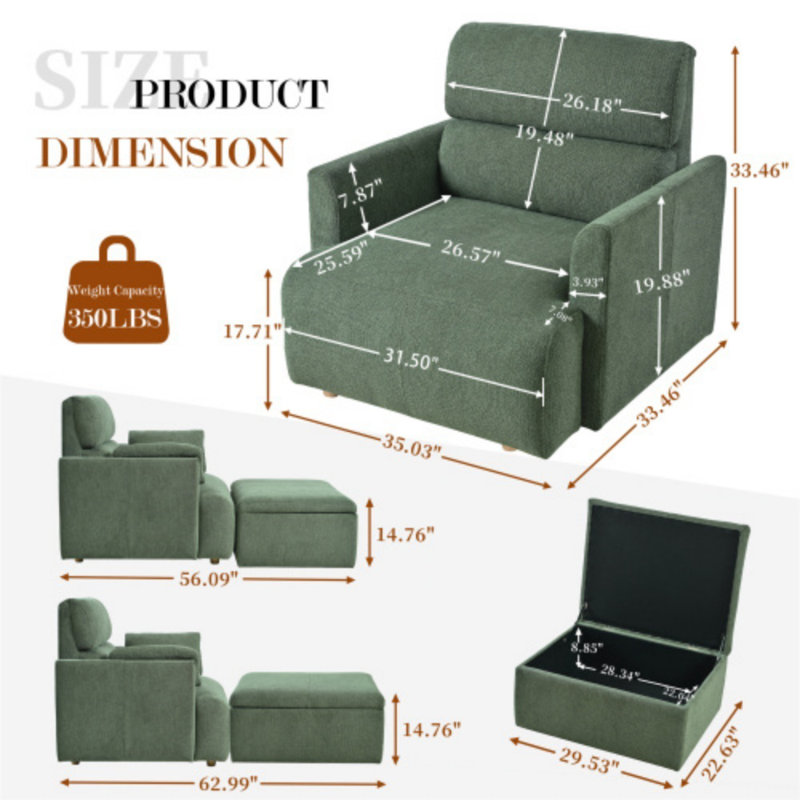 Fauteuil d'appoint surdimensionné avec repose-pieds avec rangement - Fauteuil Mid-Century large - Siège profond, fauteuil de lecture rembourré