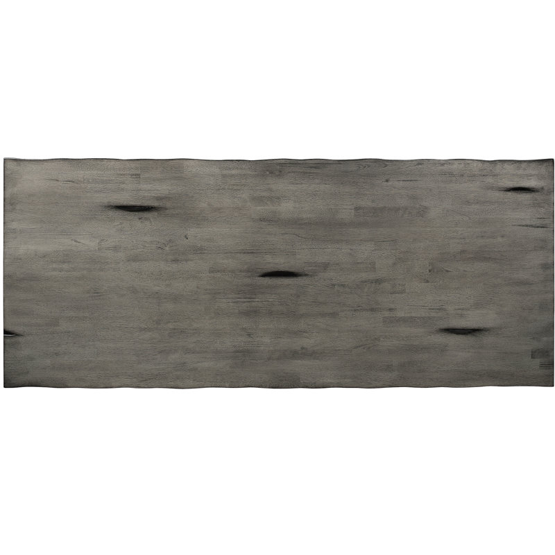 Table de salle à manger grise en bois massif à hauteur de comptoir, pouvant accueillir 6 personnes, aspect rectangulaire vieilli, sièges