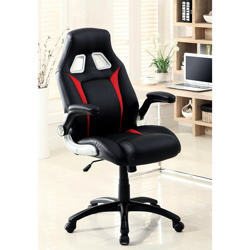 Siège de bureau contemporain - cuir noir et rouge, contrôle de la hauteur, fauteuil de jeu confortable rembourré, rembourrage, base en métal, assise, dossier, hauteur réglable, accents argentés, roulettes