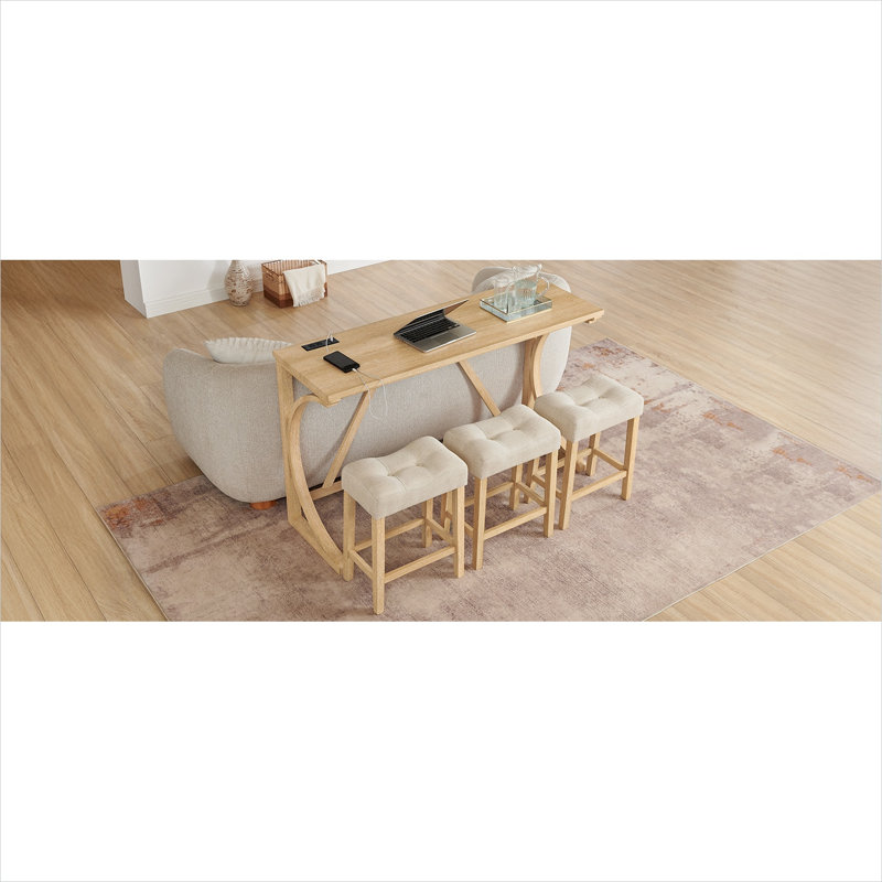 Ensemble de table de bar 4 pièces 59 pouces avec prise de courant, 3 tabourets rembourrés, structure en bois massif, chêne clair