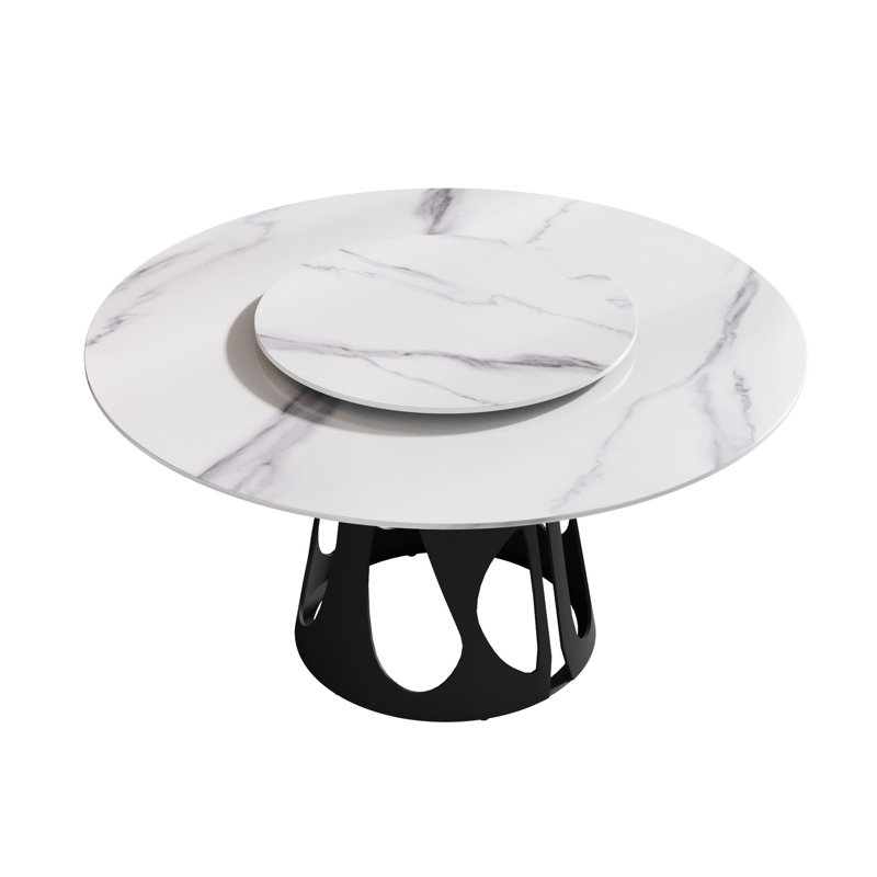 Table ronde 59,58 ", base en métal noire, 31,5" table tournante en pierre frittée blanche, peut accueillir 6 à 8 personnes, support en fer noir à surface grattée, s'adapte aux rayures