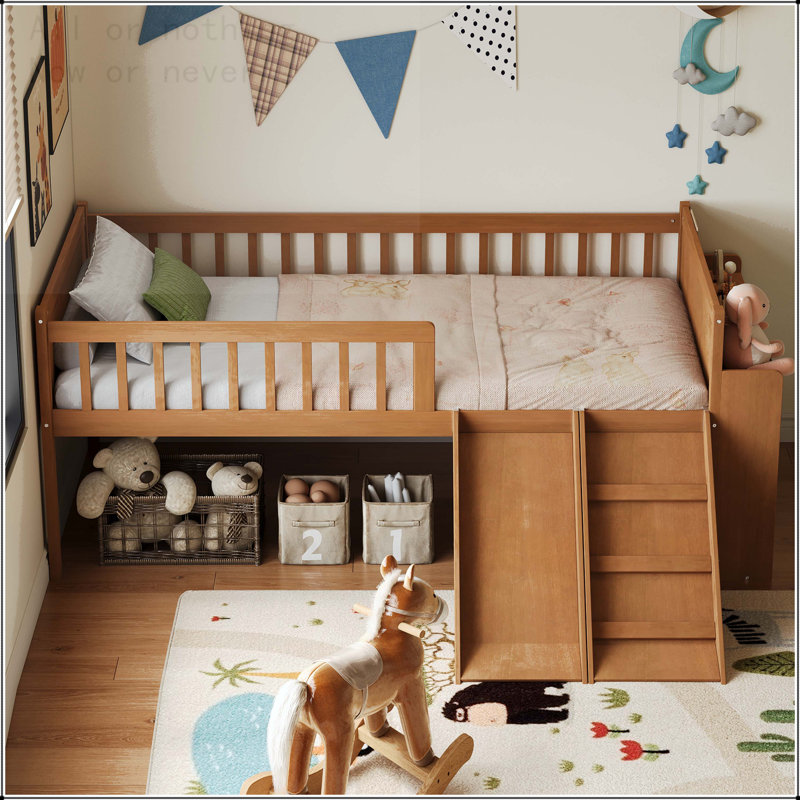 Twin Size Bed Frame with Storage Shelf, Slide, and Ladder, Walnut