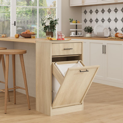 Armoire à panier à linge inclinable avec panier amovible imperméable, armoire à poubelle autoportante de 10 gallons avec tiroir, panier à linge inclinable en bois moderne pour salle de bain et cuisine, naturel