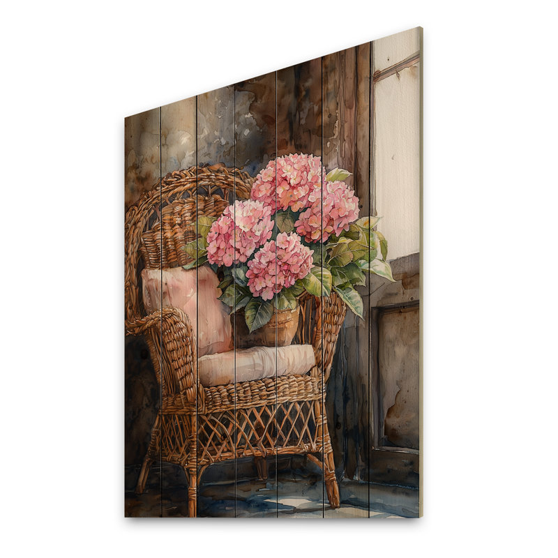 Hortensias avec meubles en rotin I - Art mural en bois d'hortensias - sur bois de pin naturel, H 40 po x l 30 po x P 0,78 po