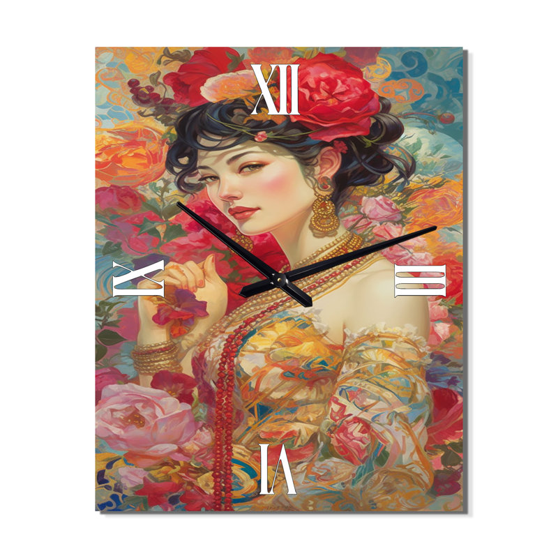Célébration de la beauté florale orientale du printemps IV - horloge murale moderne femme asiatique