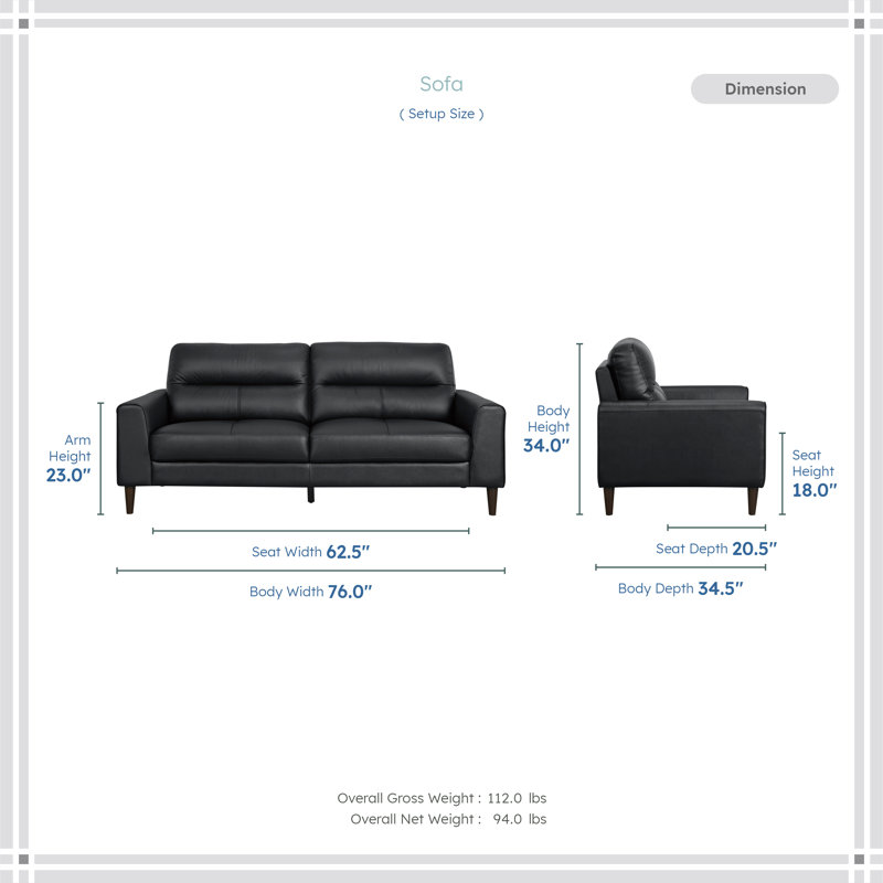 Upton 76'' Modern & Contemporary Top Grain Leather Sofa with Solid Wood Legs in Brown Finish, Black Leather Match