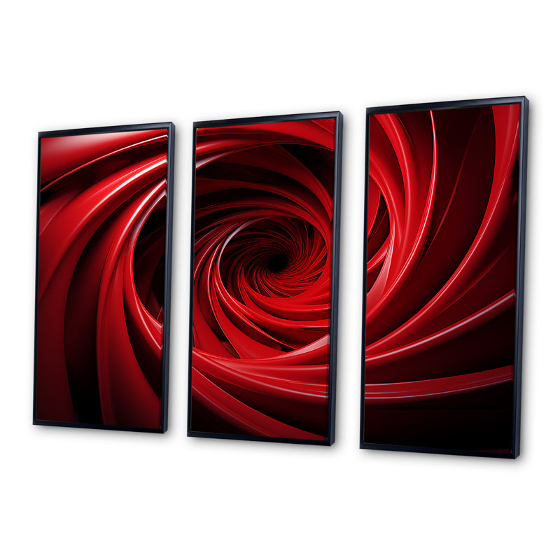 «Red and Black Abstract Spiral Dreamscape» - Art mural spirales abstraites, Cadre flottant noir, H 28 po x l 36 po x P 1 po