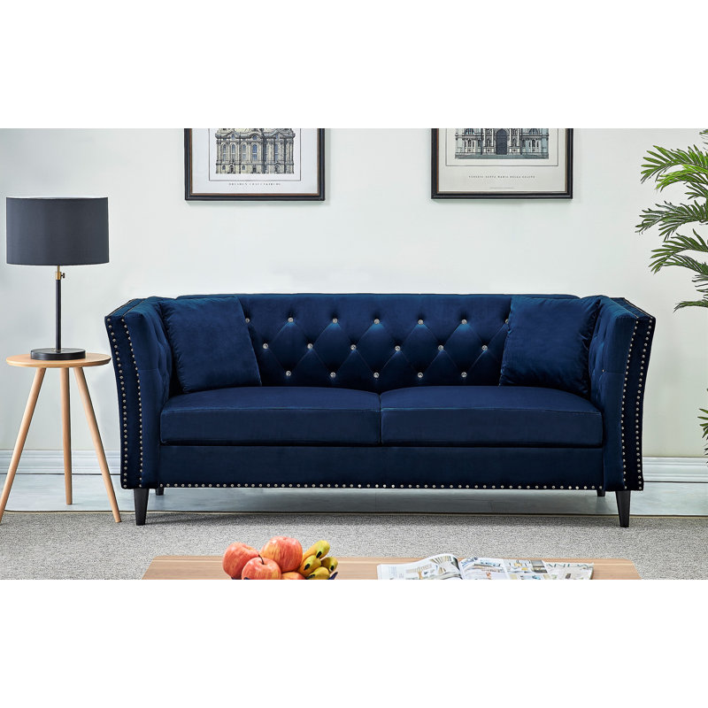 Canapé Chesterfield à accoudoirs roulés 80,3 po Cicero, Velours bleu