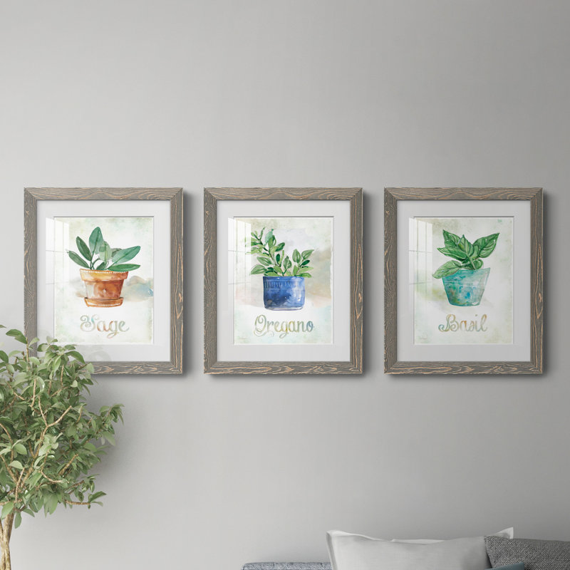 Basilic en pot - ensemble de 3 cadres photo, H 37,5 po x l 82,5 po x P 1,5 po, Gris