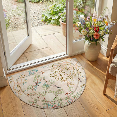 Floral Rug Botanical Birds Print Nature Plants Washable Non-slip