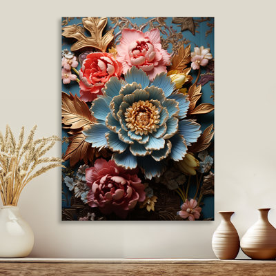 Pivoine bleue en fleurs avec feuilles dorées - salon d'art mural pivoines