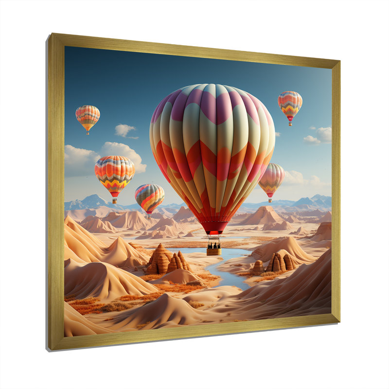 Reproduction sur toile d'une interprétation cubiste de montgolfières dans le désert, Cadre doré simple