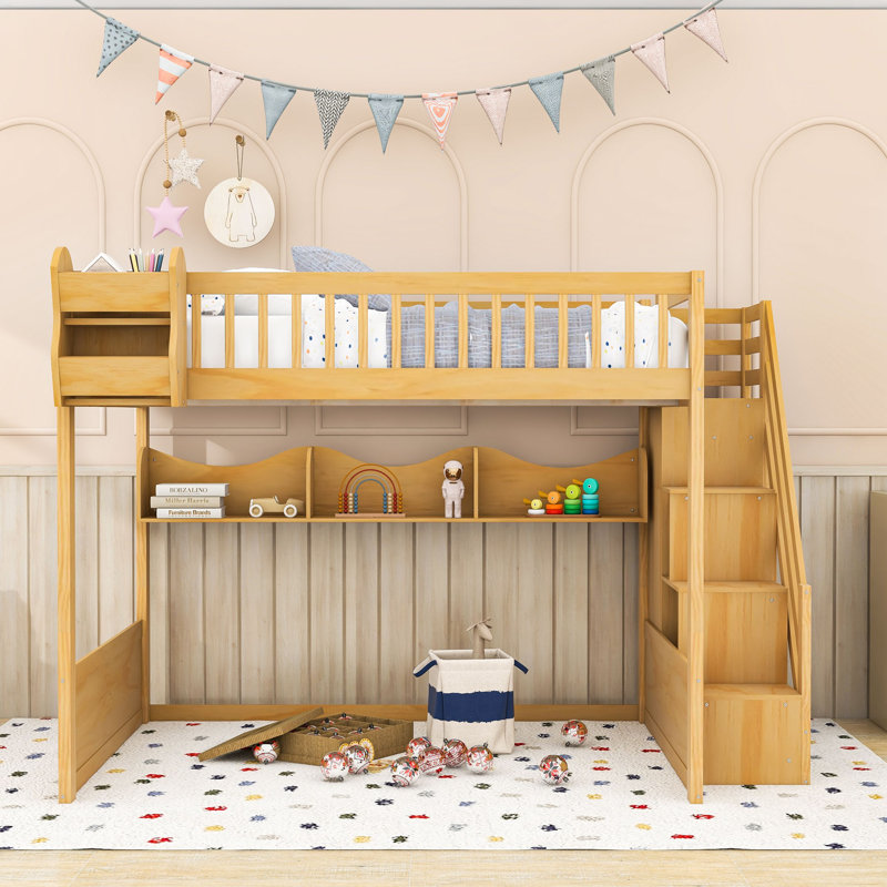 Queen Loft Bed with Integrated Wardrobe and Storage Shelves, Natural