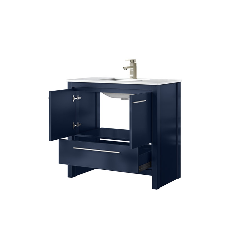 Meuble-lavabo bleu marine 36 po L x P 20 po avec comptoir en quartz blanc et robinet en nickel brossé - tiroir à fermeture en douceur, surface en grattage, salle de bain avec rangement et tablette de porte