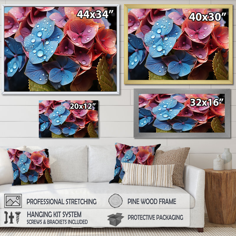 «Hydrangea Blooms Blend With Rainbow II», reproduction sur toile, Cadre simple blanc, H 24 po x l 32 po x P 1 po