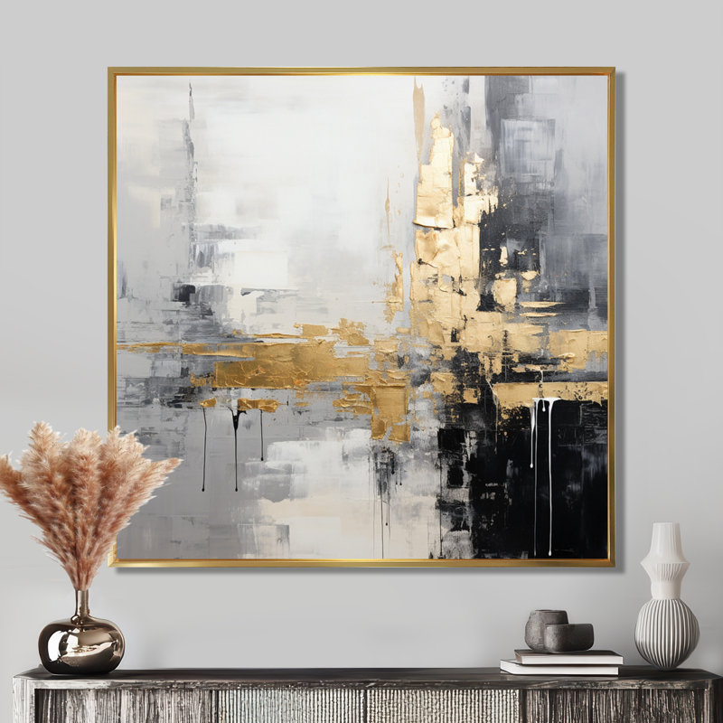 Or, ville dorée, blanc, gris, noir, peinture abstraite, art mural sur toile, Cadre flottant doré, 44" H x 44" W