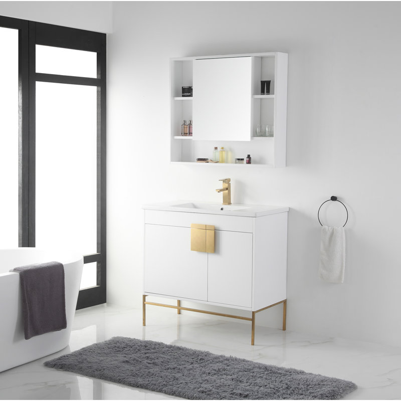 Ensemble de meuble-lavabo simple 36 po Maisie, Peint blanc mat, Laiton satiné