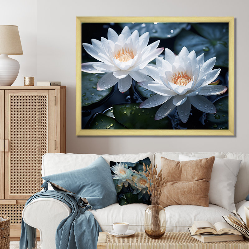 Champ de lotus blanc jaune II sur toile, Cadre doré simple, H 30 po x l 40 po x P 1,5 po