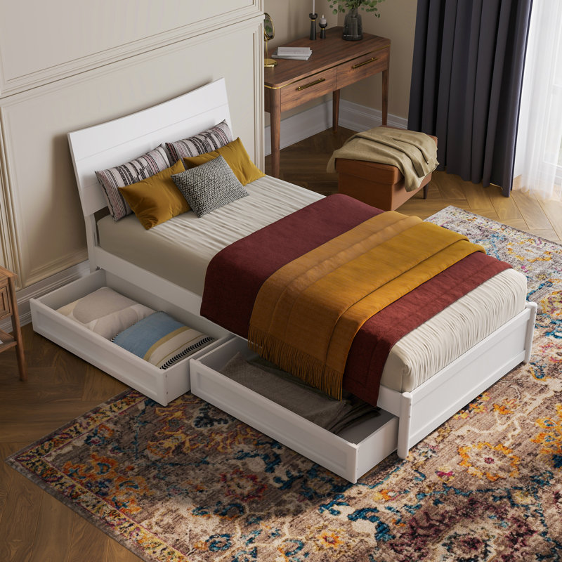 Harlowe Wood Platform Bed with Storage Drawers, White, Très grand simple