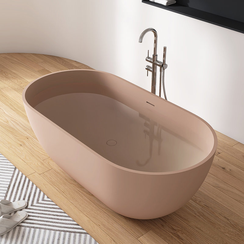59" x 30" Freestanding Bathtub Solid  Surface Stone Resin Soaking Tub, Pink Sand