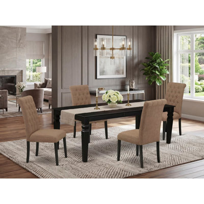 5 Piece Modern Dining Table Set Includes a Rectangle Wooden Table with Butterfly Leaf and 4 Light Sable Linen Fabric Parson Chairs, Black