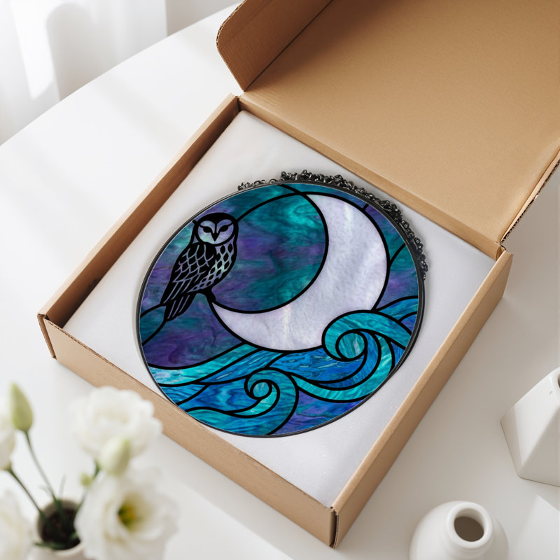 Panneau de vitrail 12 "H Owl Moon, H 12 po x l 12 po