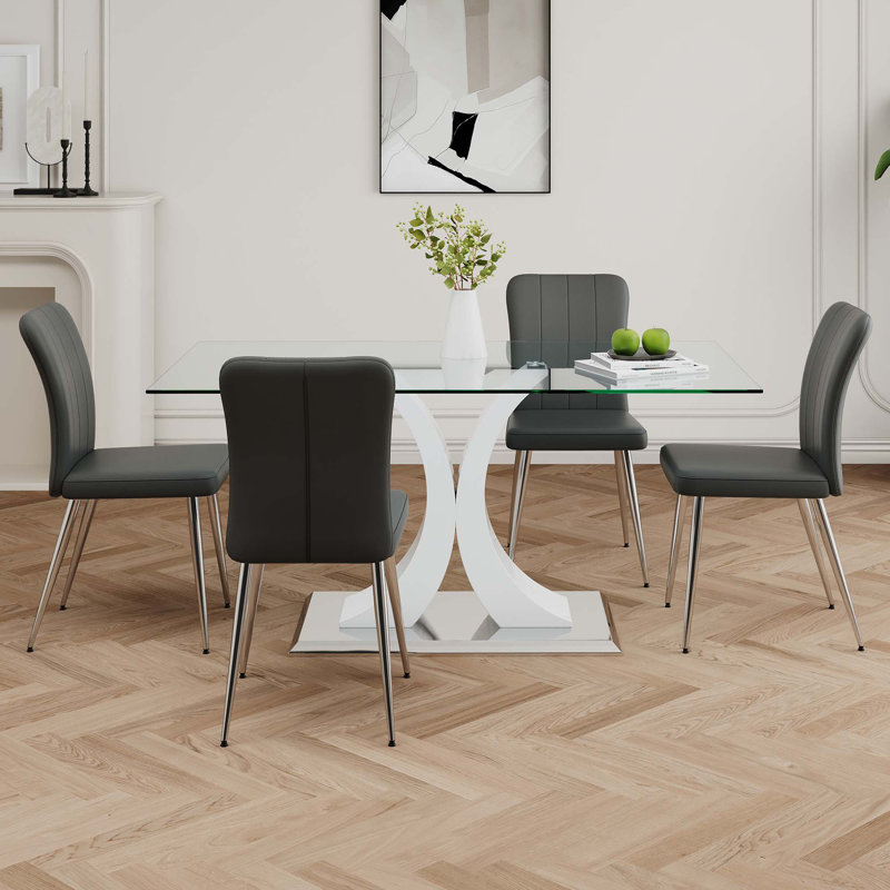 Table en verre de style moderne, ensemble de chaises de salle à manger, pieds de chaise galvanisés, convient aux cuisines de restaurant (ensemble de 5)