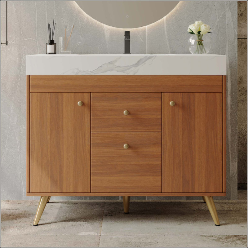 Meuble-lavabo autoportant moderne avec plateau en pierre frittée, lavabo en céramique et rangement intelligent, Brun, White