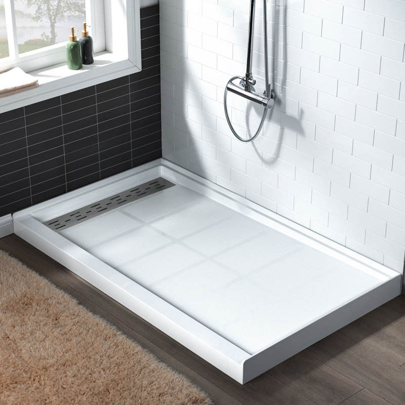 60" x 36" Solid Surface Single Threshold Shower Pan Base with Drain Assembly & Drain Cover Included, Non-Slip, Left