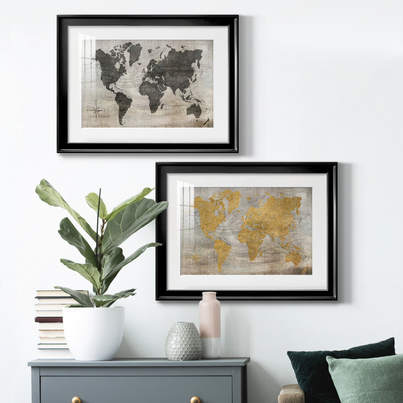 Carte du monde - ensemble de 2 reproductions de cadres photo, H 42,5 po x l 61 po x P 1 po, Cadre noir