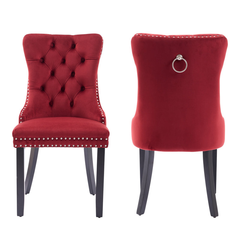 Tufted Velvet Wing Back Side Dining Chairs, Black, Burgundy Wine