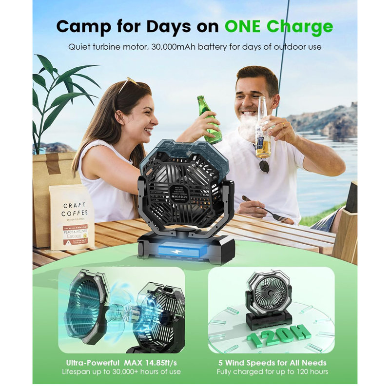 Ventilateur de camping brumisateur - Portable avec réservoir de 9 oz, lumière, crochet - Alimentation par batterie 120H MAX en fonctionnement, refroidissement rapide, 4 vitesses, minuterie, mode veille, pour l'extérieur, les voyages, les patios, la pla