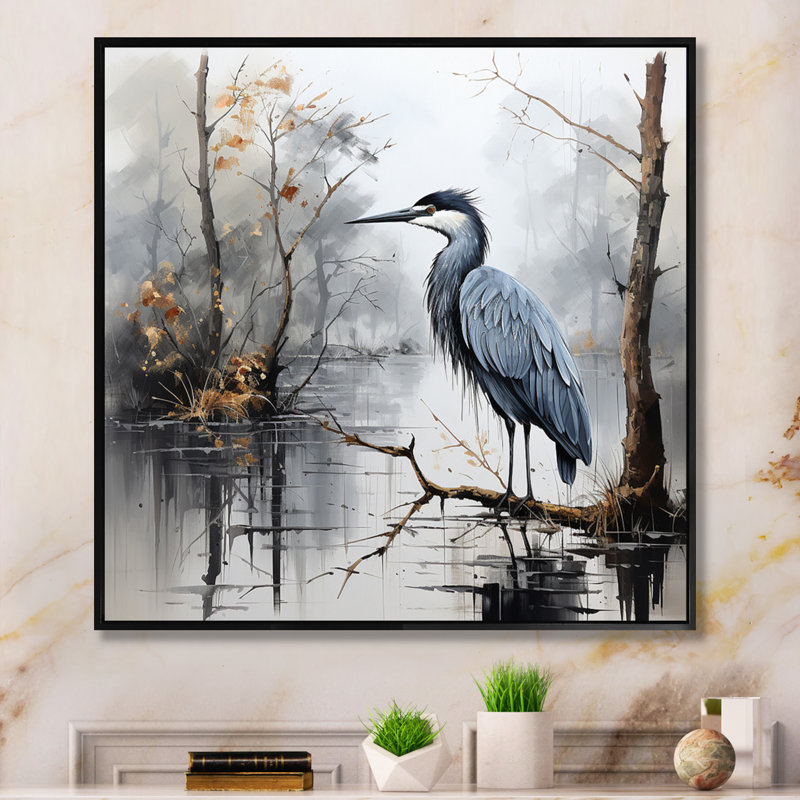 Heron Solitary Reflections Pointillism III - Animals Wall Art Prints, H 16 po x l 16 po x P 1 po, Cadre flottant noir
