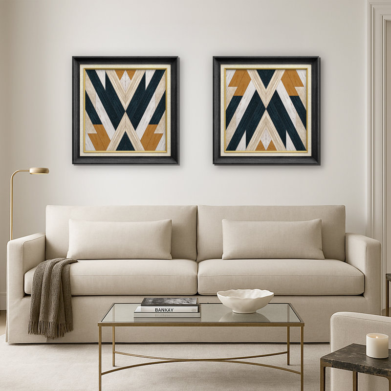 «White & Brown Diamond Insignia Abstract Shapes Geometric Wood Effect Modern Art Multicolor Ultra», ensemble de 2 reproductions sur toile flottantes