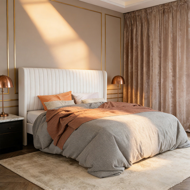 Queen Size Velvet Bed Frame/Vertical Channel Tufted Wingback Headboard/Upholstered Platform Bed/Strong Wooden Slats/Easy Assembly