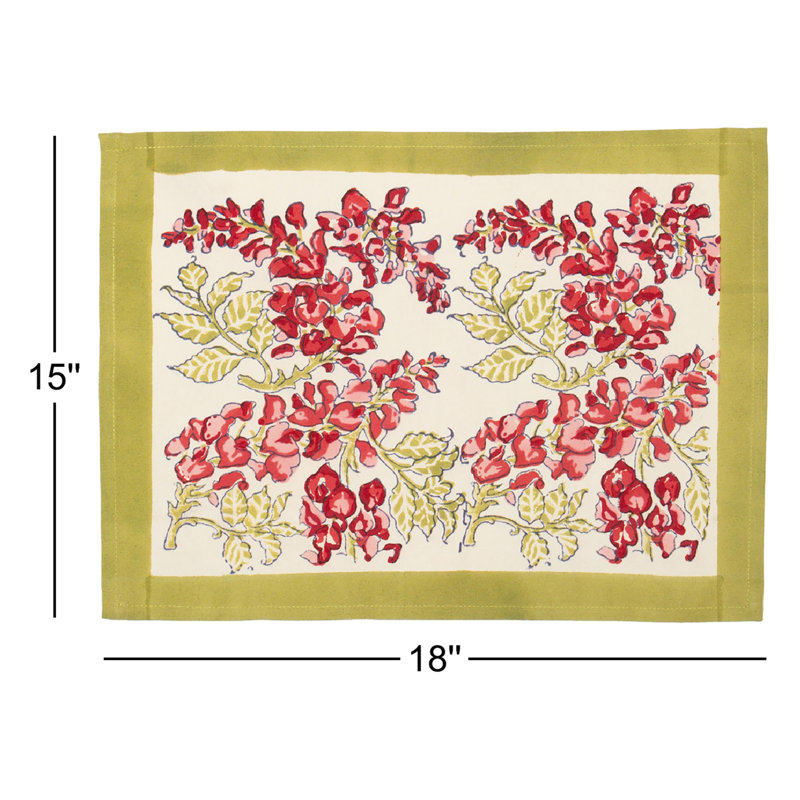 Wisteria 100% Cotton Floral Rectangle Placemat, Green/Pink