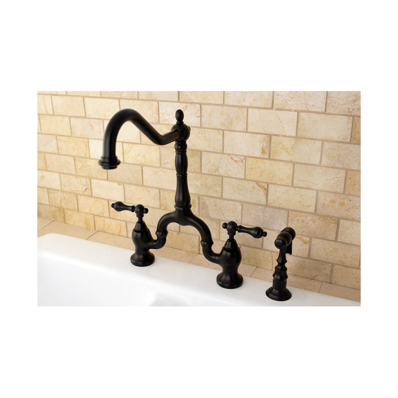 Kingston Brass English Country Two-Handle 3-Hole Deck Mount Bridge Kitchen Faucet with Brass Side Sprayer, Oil Rubbed Bronze
