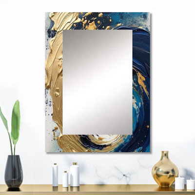 Lani Dark Blue and Gold Strokes VI - Abstract Large Wall Mirror, Blue Decorative Mirror, Printed Metal Art