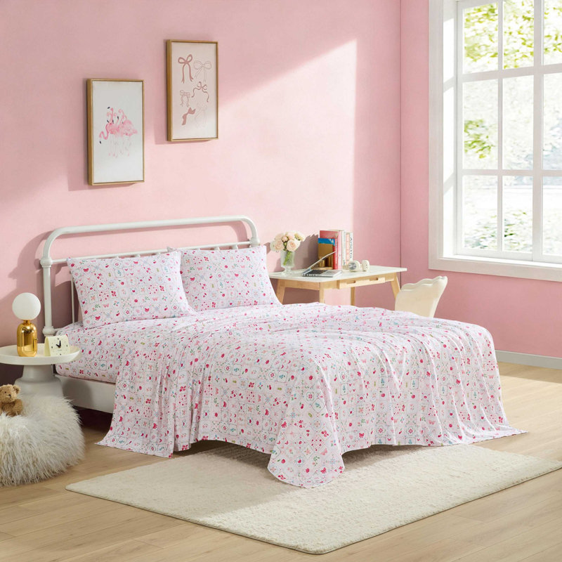 Betsey Johnson Printed Novelty Sheet Sets, Pretty Tiles Pink, Queen Sheet Set with 2 Standard Pillowcases