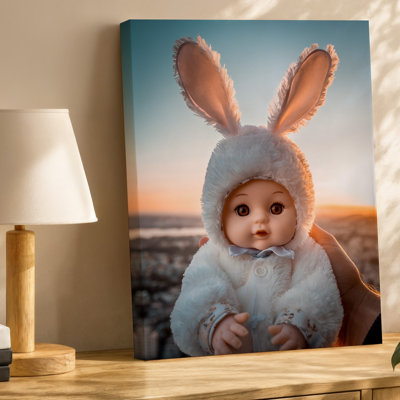Toile bercée dans une main douce, une charmante petite poupée avec art mural surdimensionné aux yeux bruns expressifs et un sourire radieux porte un art mural sur toile