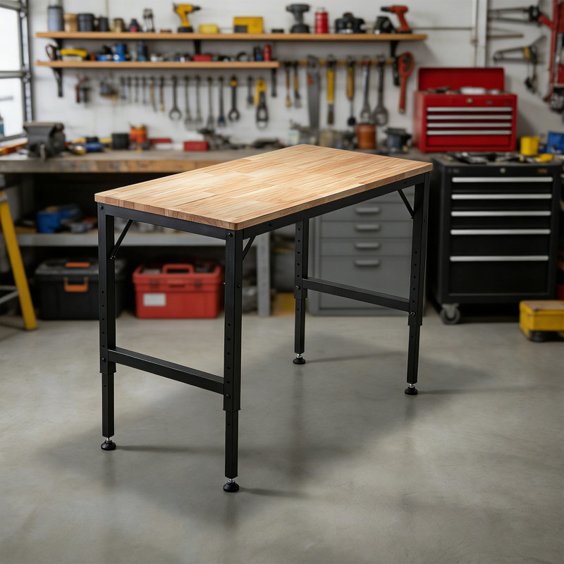 Établi robuste et réglable pour le garage, table d'atelier en bois d'hévéa avec patins en caoutchouc, poste de travail en bois franc, capacité de poids de plus de 2 000 lb pour un atelier, un garage, un bureau ou une maison