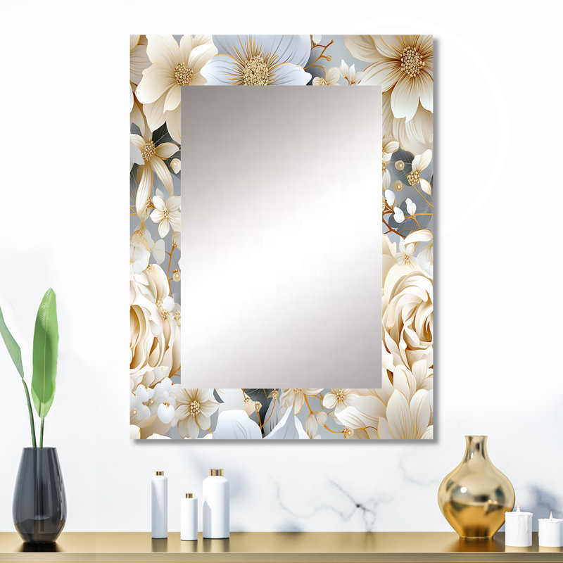 Motif de mandalas blanc Amnen - miroir décoratif floral, miroir mural floral, art imprimé en métal, 32 po x 24 po
