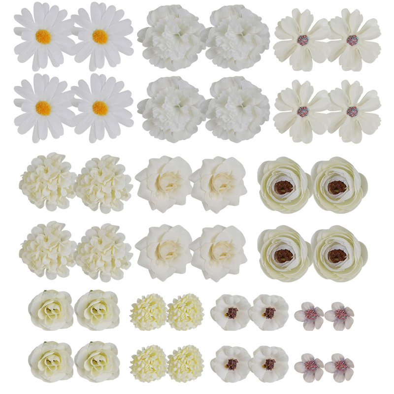 40 pièces de fleurs artificielles avec têtes de fleurs en soie pour décoration de fête de mariage, Blanc