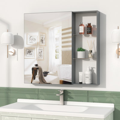 Armoire de miroir de salle de bain murale 30 po x 28 po, structure en aluminium, tablettes réglables, formaldéhyde, fermeture silencieuse, rangement brun noir, cadre, compartiments de grande capacité,