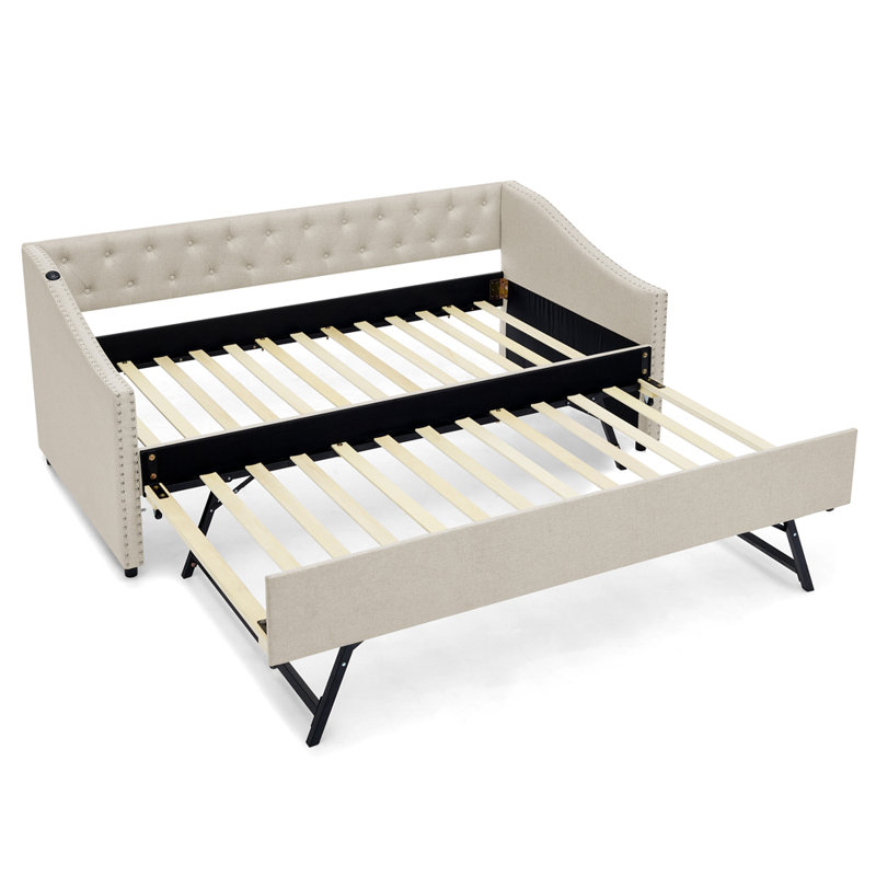 Twin Size Daybed with USB Charging & Pull-out Extendable Bed, with Button on Back and Copper Nail on Waved Shape Arms (81"x42"x30.75")