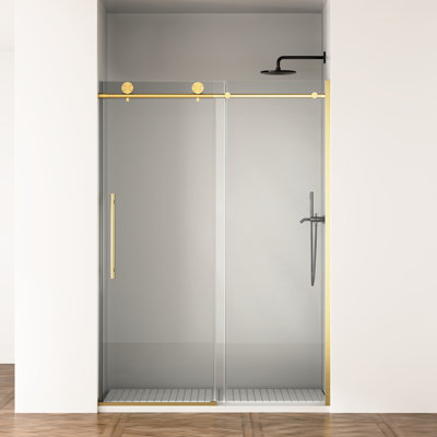Porte de douche coulissante avec verre trempé transparent de 8 mm de 5/16 po, fermeture silencieuse silencieuse, facile à nettoyer, anti-fuites, bris de corrosion, or brossé pour salle de bain de style traditionnel américain 75 po 50 po 54 po